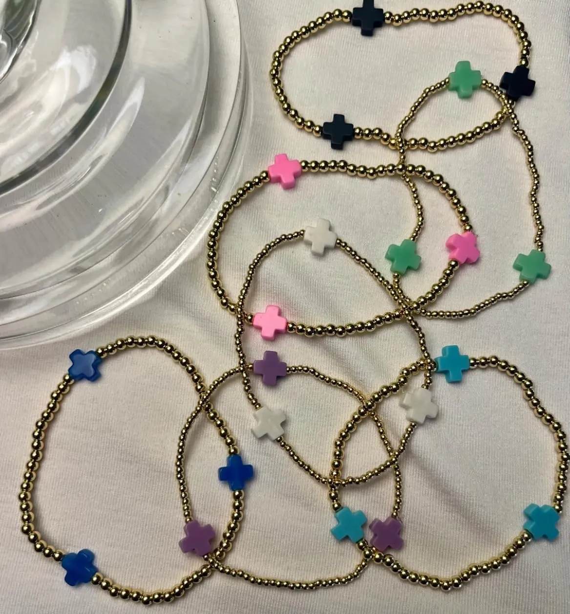 Gold Beaded Bracelets for Women Non Tarnish Dainty Pearl Beaded Bracelet Cross Stack Stretch Bracelets for Women Trendy Gifts 2025 Easter Basket Stuffers