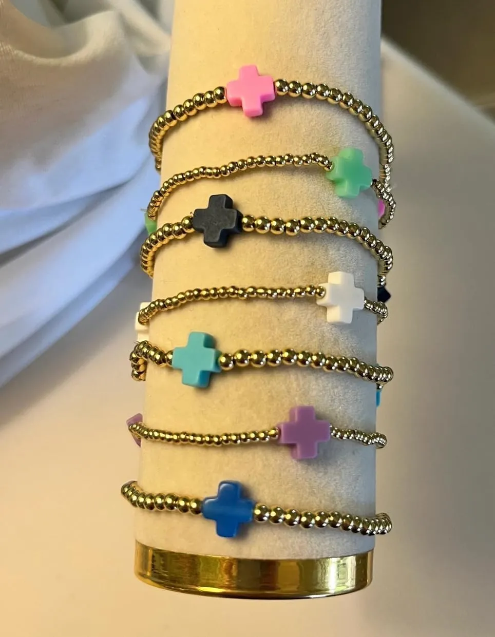 Gold Beaded Bracelets for Women Non Tarnish Dainty Pearl Beaded Bracelet Cross Stack Stretch Bracelets for Women Trendy Gifts 2025 Easter Basket Stuffers