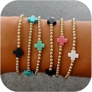 Gold Beaded Bracelets for Women Non Tarnish Dainty Pearl Beaded Bracelet Cross Stack Stretch Bracelets for Women Trendy Gifts 2025 Easter Basket Stuffers