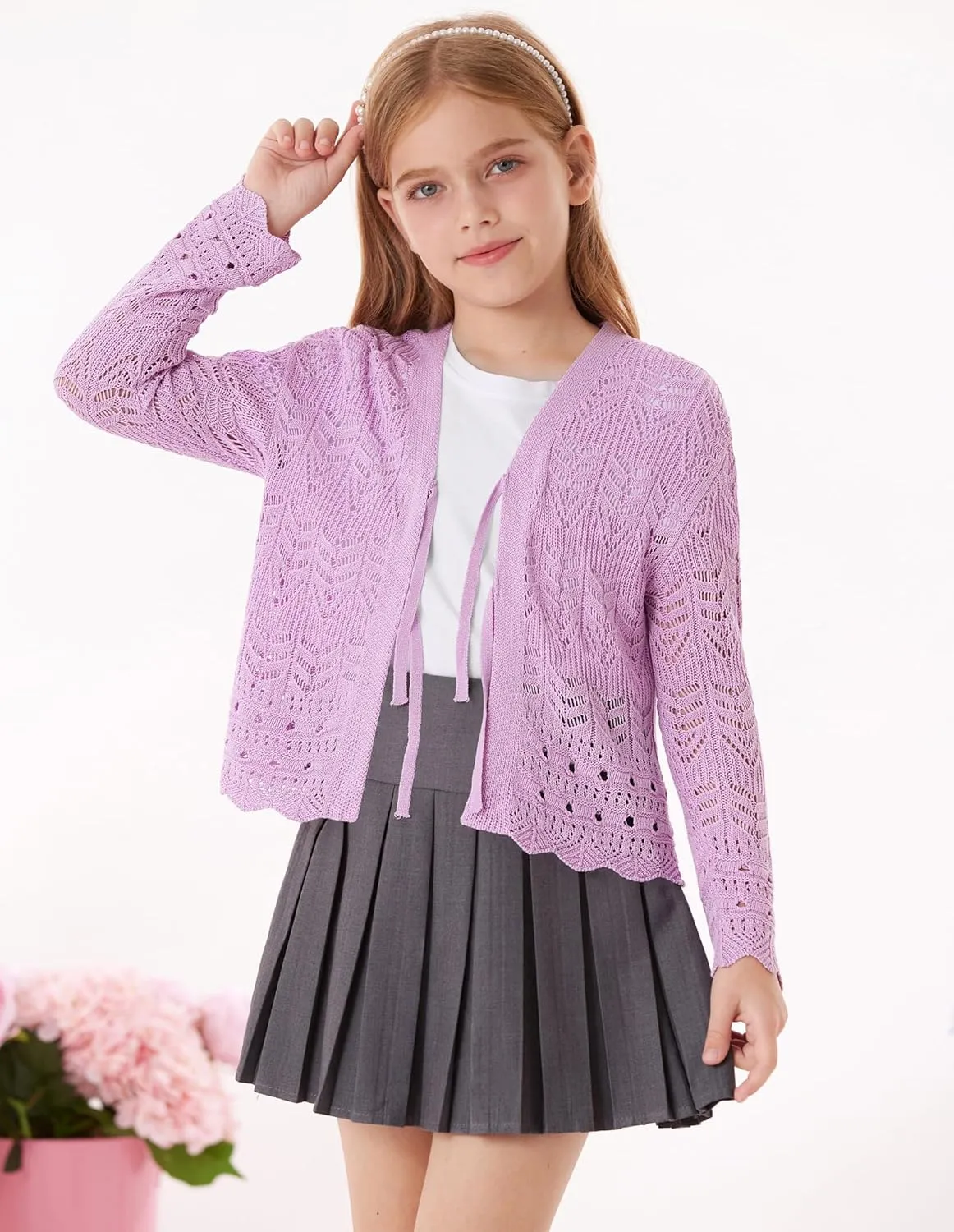 GRACE KARIN Girls Long Sleeve Cardigan Sweater Tie Front Bow V Neck Crochet Knit Lightweight Shrug 5-12 Years