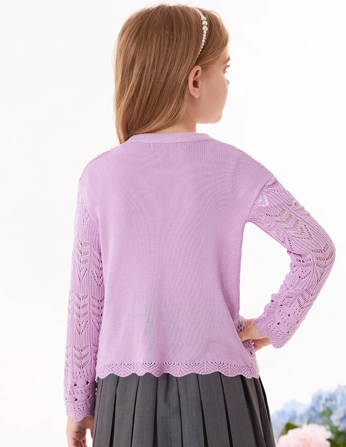 GRACE KARIN Girls Long Sleeve Cardigan Sweater Tie Front Bow V Neck Crochet Knit Lightweight Shrug 5-12 Years