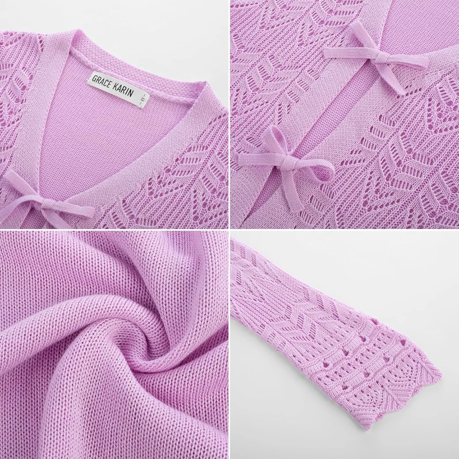 GRACE KARIN Girls Long Sleeve Cardigan Sweater Tie Front Bow V Neck Crochet Knit Lightweight Shrug 5-12 Years