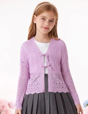 GRACE KARIN Girls Long Sleeve Cardigan Sweater Tie Front Bow V Neck Crochet Knit Lightweight Shrug 5-12 Years