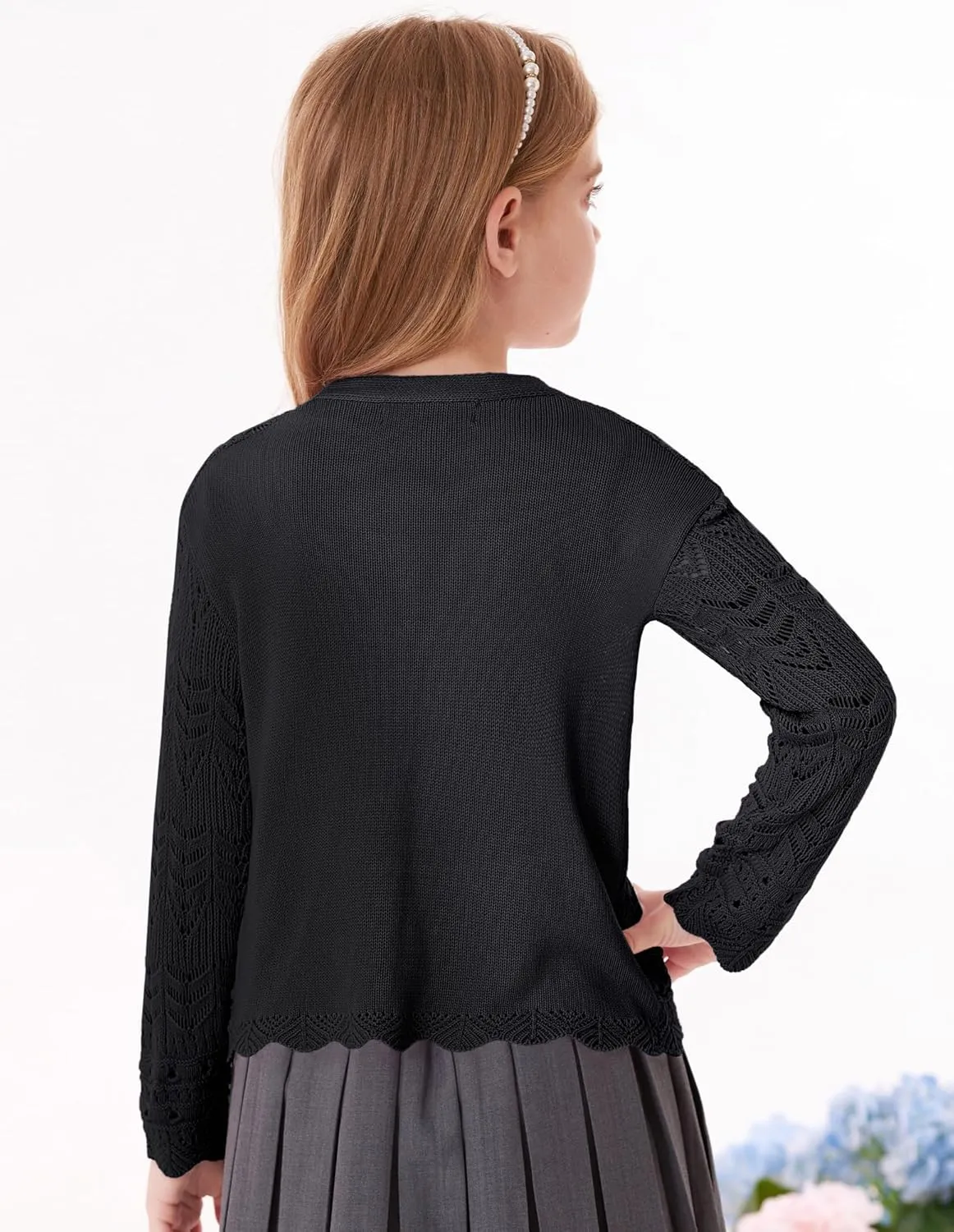 GRACE KARIN Girls Long Sleeve Cardigan Sweater Tie Front Bow V Neck Crochet Knit Lightweight Shrug 5-12 Years