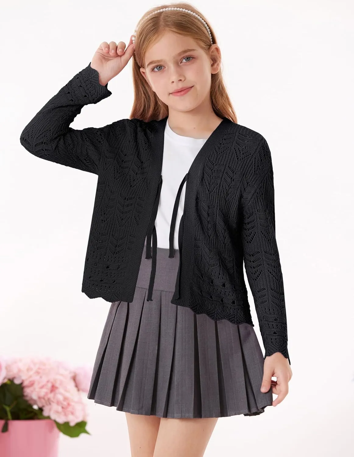 GRACE KARIN Girls Long Sleeve Cardigan Sweater Tie Front Bow V Neck Crochet Knit Lightweight Shrug 5-12 Years