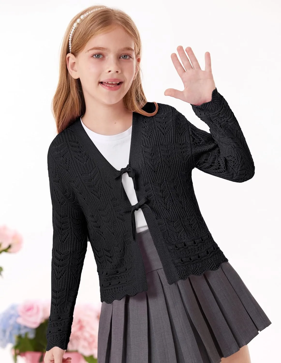 GRACE KARIN Girls Long Sleeve Cardigan Sweater Tie Front Bow V Neck Crochet Knit Lightweight Shrug 5-12 Years