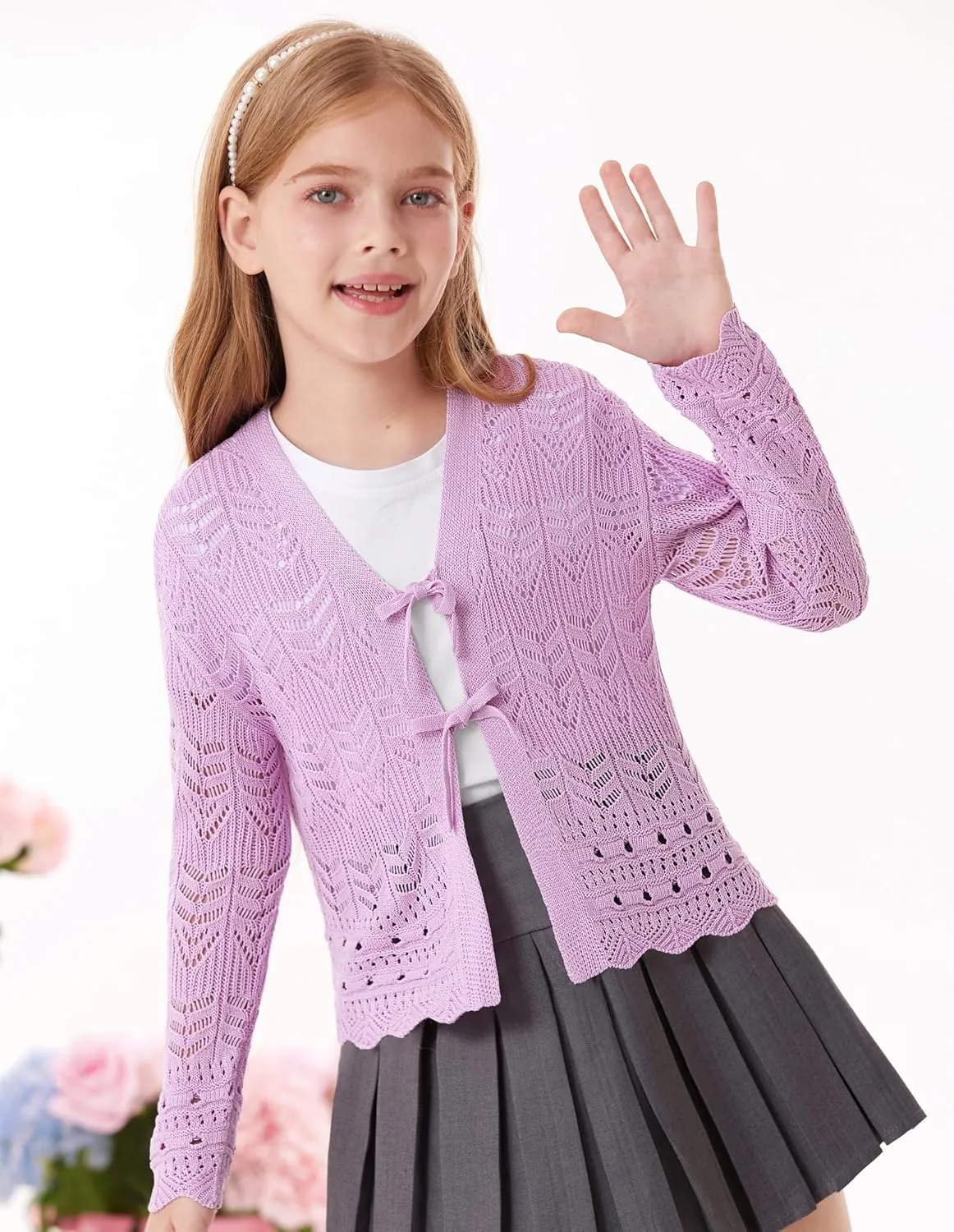 GRACE KARIN Girls Long Sleeve Cardigan Sweater Tie Front Bow V Neck Crochet Knit Lightweight Shrug 5-12 Years