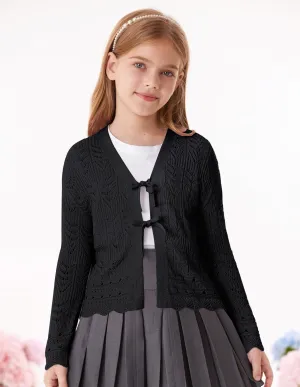 GRACE KARIN Girls Long Sleeve Cardigan Sweater Tie Front Bow V Neck Crochet Knit Lightweight Shrug 5-12 Years