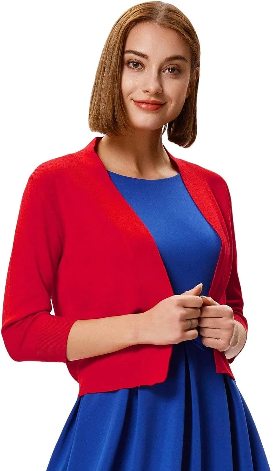 GRACE KARIN Women's 3/4 Sleeve Knit Cropped Cardigan Sweaters Open Front Bolero Shrugs Coat Tops S-3XL