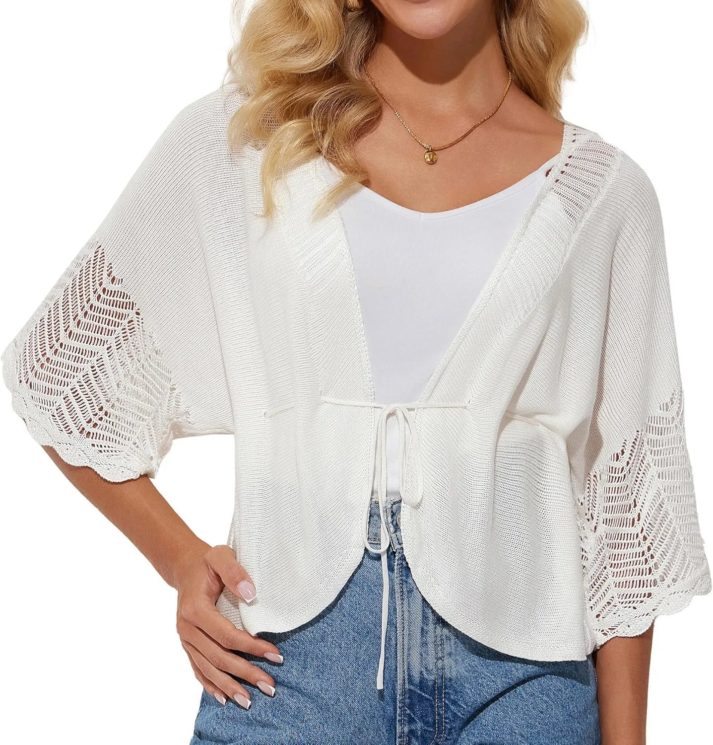 GRACE KARIN Women's Short Sleeve Crochet Open Front Cropped Cardigan Sweaters for Women 2025