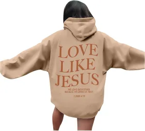 Graphic Hoodie Streetwear Jesus Loves You Bible Verse Letter Printed Fall Outfit with Kangaroo Pocket Drawstring Leisure Fall