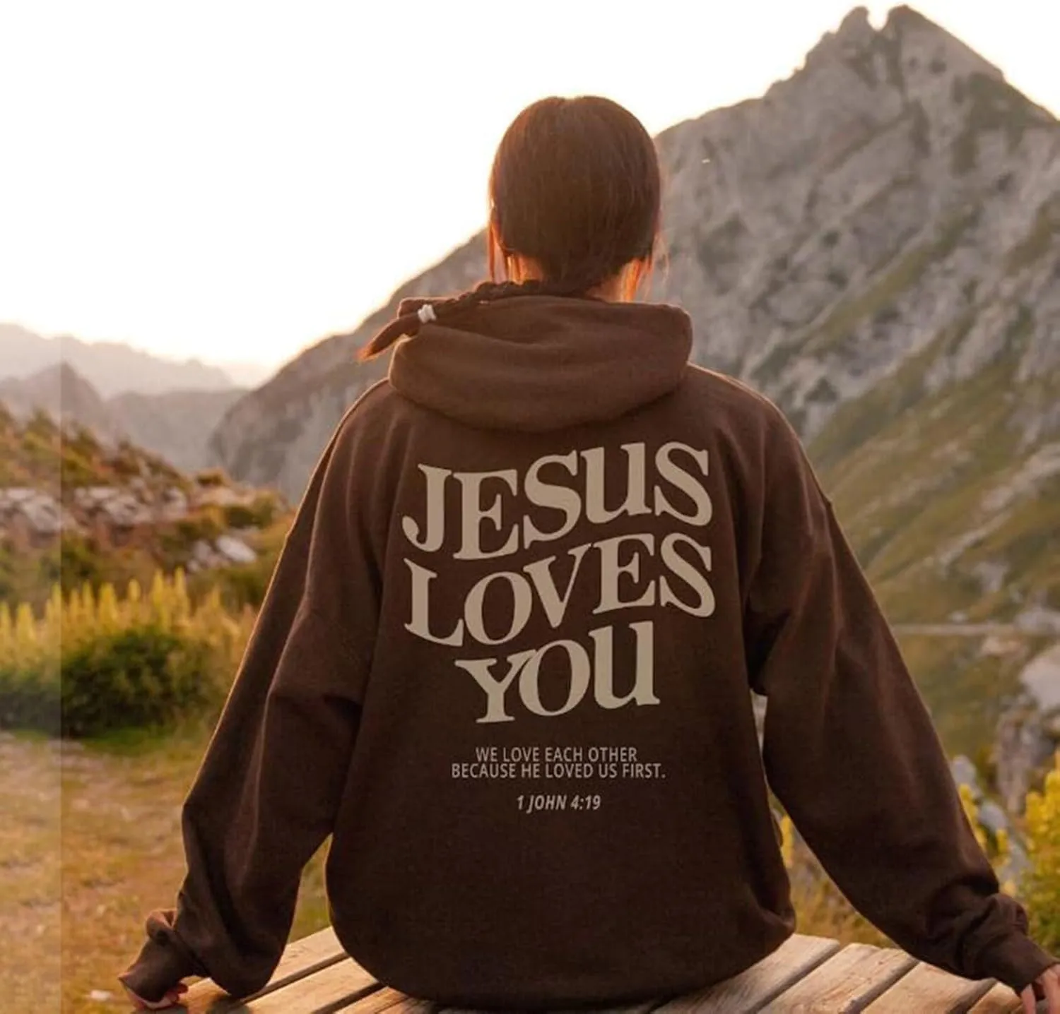 Graphic Hoodie Streetwear Jesus Loves You Bible Verse Letter Printed Fall Outfit with Kangaroo Pocket Drawstring Leisure Fall
