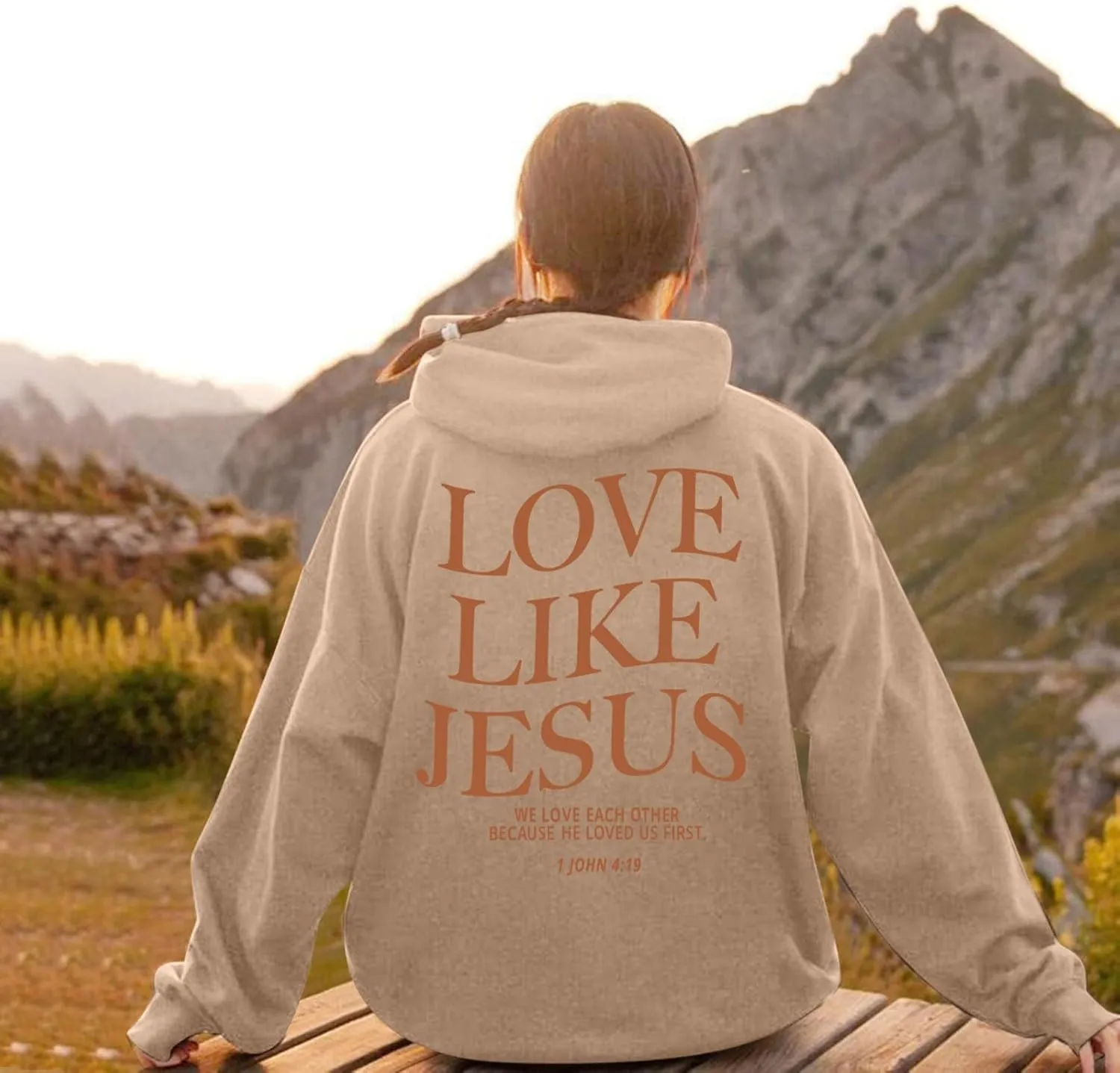 Graphic Hoodie Streetwear Jesus Loves You Bible Verse Letter Printed Fall Outfit with Kangaroo Pocket Drawstring Leisure Fall