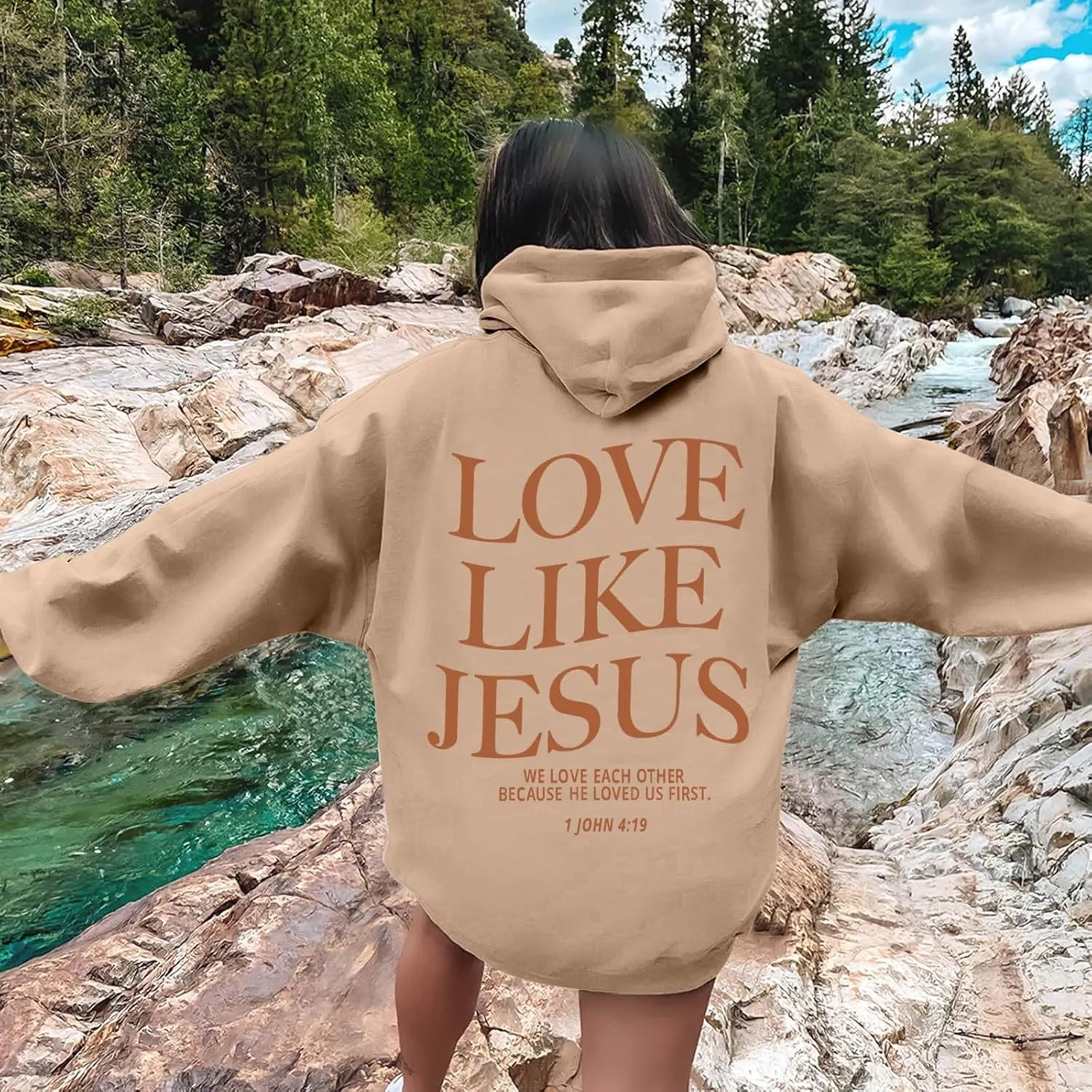 Graphic Hoodie Streetwear Jesus Loves You Bible Verse Letter Printed Fall Outfit with Kangaroo Pocket Drawstring Leisure Fall