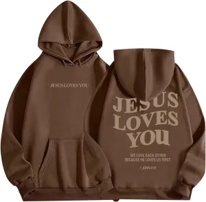 Graphic Hoodie Streetwear Jesus Loves You Bible Verse Letter Printed Fall Outfit with Kangaroo Pocket Drawstring Leisure Fall
