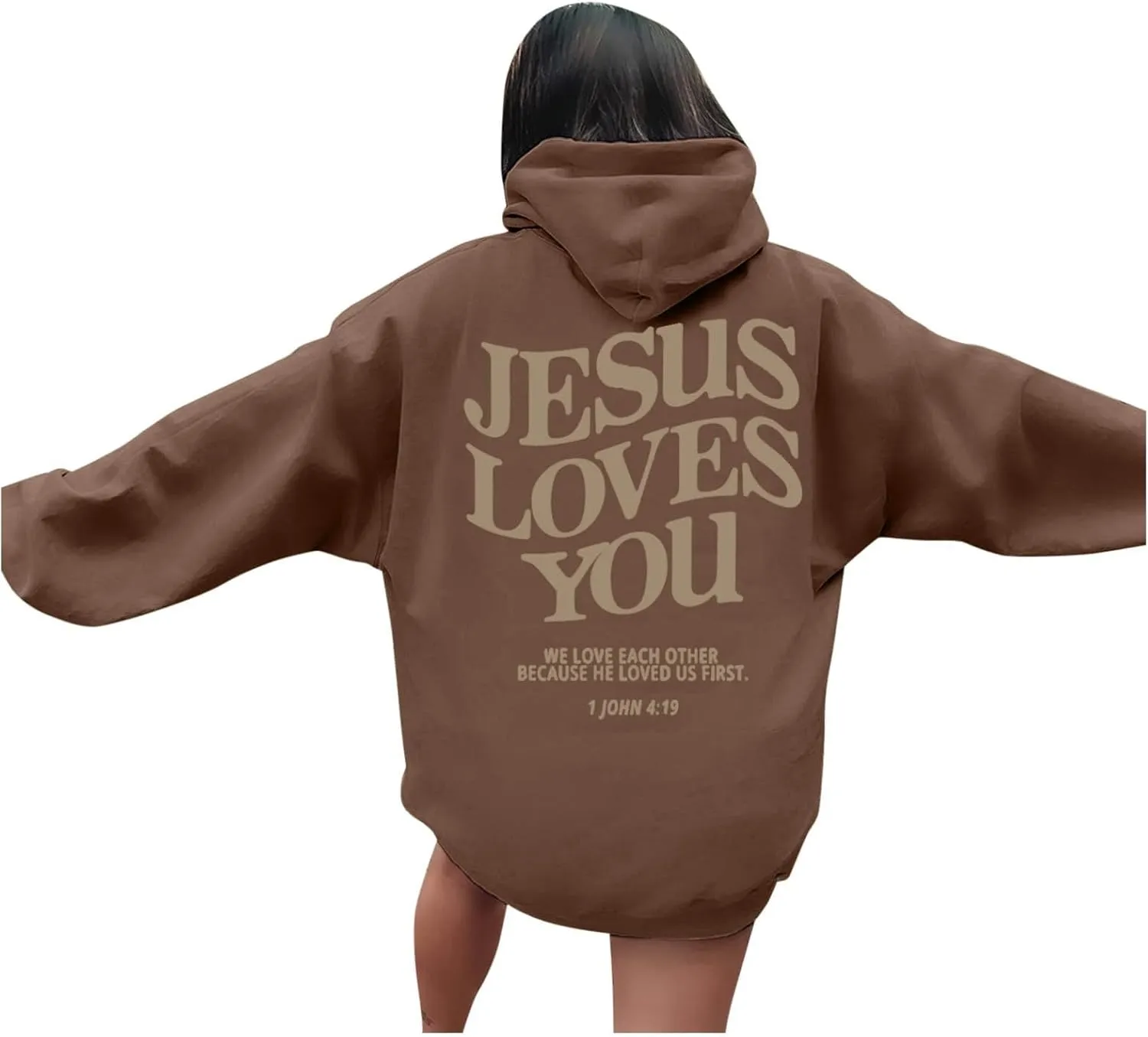 Graphic Hoodie Streetwear Jesus Loves You Bible Verse Letter Printed Fall Outfit with Kangaroo Pocket Drawstring Leisure Fall