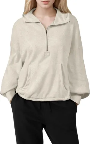 Half Zip Pullover Women Casual Long Sleeve Lapel Hooded Sweatshirt Cute Hoodies with Adjustable Drawstring Bottom