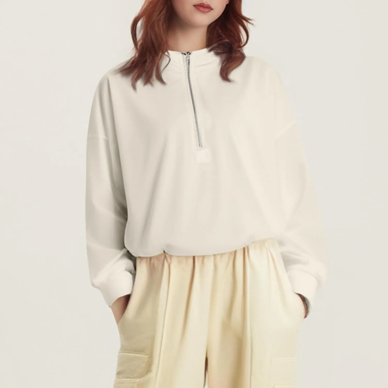 Half Zip Pullover Women Casual Long Sleeve Lapel Hooded Sweatshirt Cute Hoodies with Adjustable Drawstring Bottom