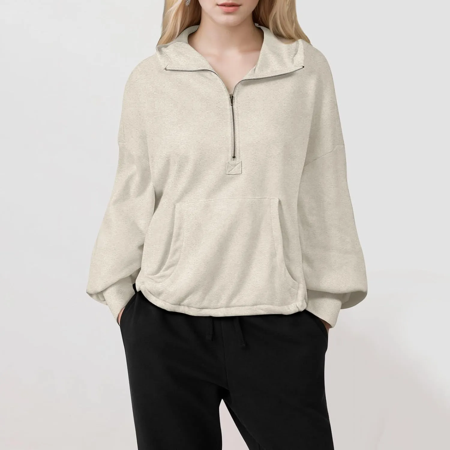 Half Zip Pullover Women Casual Long Sleeve Lapel Hooded Sweatshirt Cute Hoodies with Adjustable Drawstring Bottom