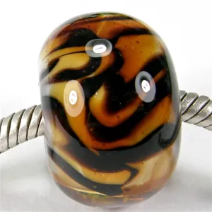Handmade Large Hole Lampwork Beads, Amber Brown Tiger Stripes Shiny
