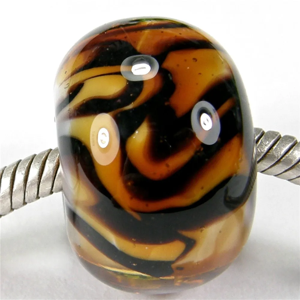 Handmade Large Hole Lampwork Beads, Amber Brown Tiger Stripes Shiny