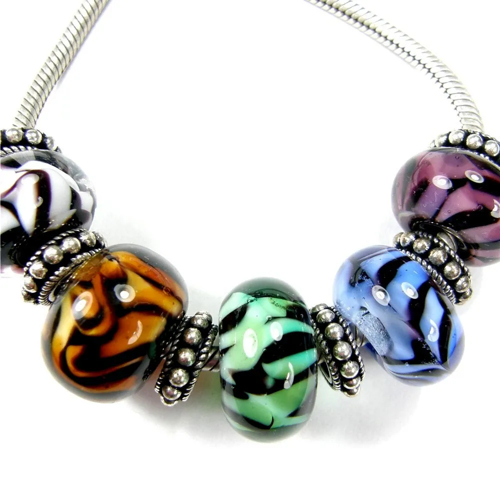 Handmade Large Hole Lampwork Beads, Amber Brown Tiger Stripes Shiny