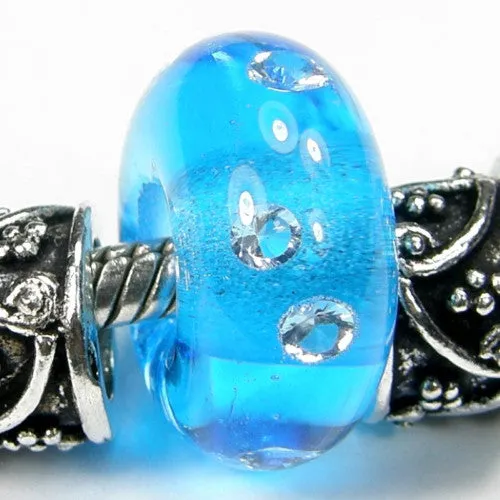 Handmade Large Hole Lampwork Beads, Aqua Blue Cubic Zirconias Shiny