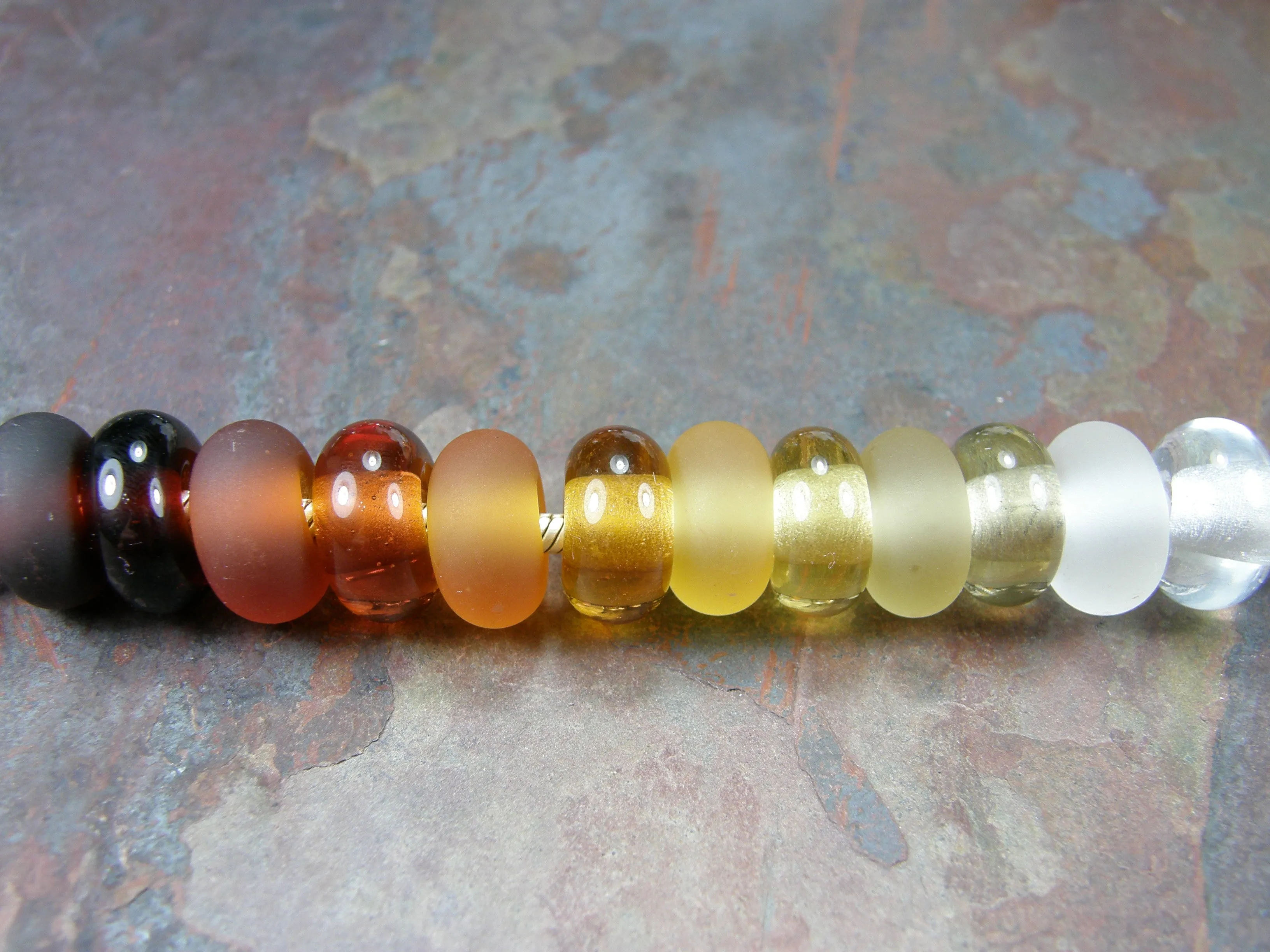 Handmade Large Hole Lampwork Beads, Art Glass Charm, Pale Amber Brown Etched