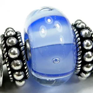 Handmade Large Hole Lampwork Beads, Artisan Glass Charm Blue Stripes Air Bubbles