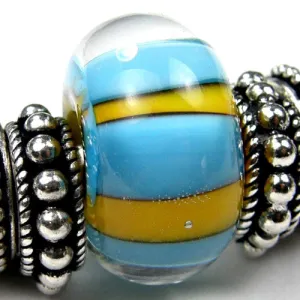 Handmade Large Hole Lampwork Beads, Artisan Glass Charm, Blue Yellow Stripes