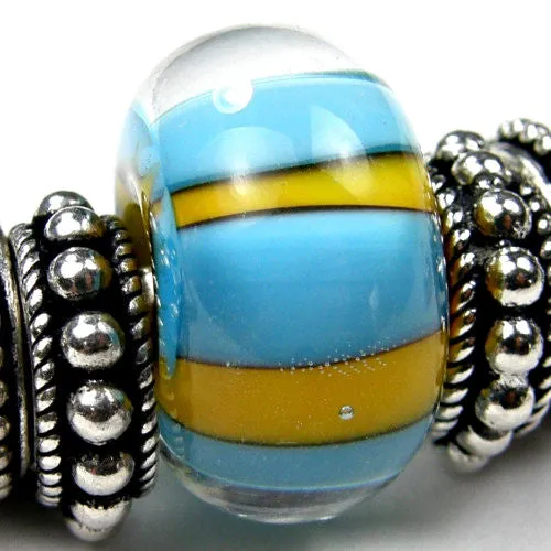 Handmade Large Hole Lampwork Beads, Artisan Glass Charm, Blue Yellow Stripes