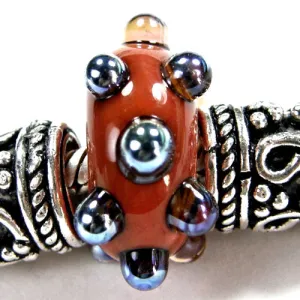 Handmade Large Hole Lampwork Beads, Bracelet Charm, Coral Orange Aurae Dots