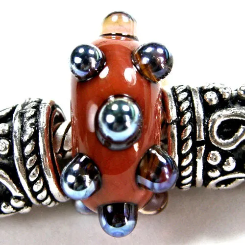 Handmade Large Hole Lampwork Beads, Bracelet Charm, Coral Orange Aurae Dots