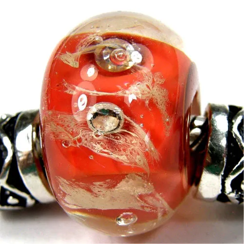 Handmade Large Hole Lampwork Beads, Cosmic Glass Charm Cubic Zirconias, Orange