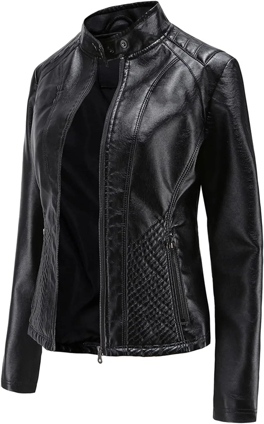 Hasta Faux Leather Jacket Crop Plus Size Women Slim Fit Motorcycle Bike Coat Stand Collar Zip Pocket Short Pleather Jacket