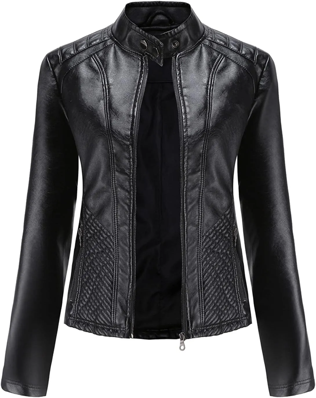 Hasta Faux Leather Jacket Crop Plus Size Women Slim Fit Motorcycle Bike Coat Stand Collar Zip Pocket Short Pleather Jacket