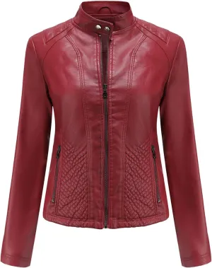 Hasta Faux Leather Jacket Crop Plus Size Women Slim Fit Motorcycle Bike Coat Stand Collar Zip Pocket Short Pleather Jacket