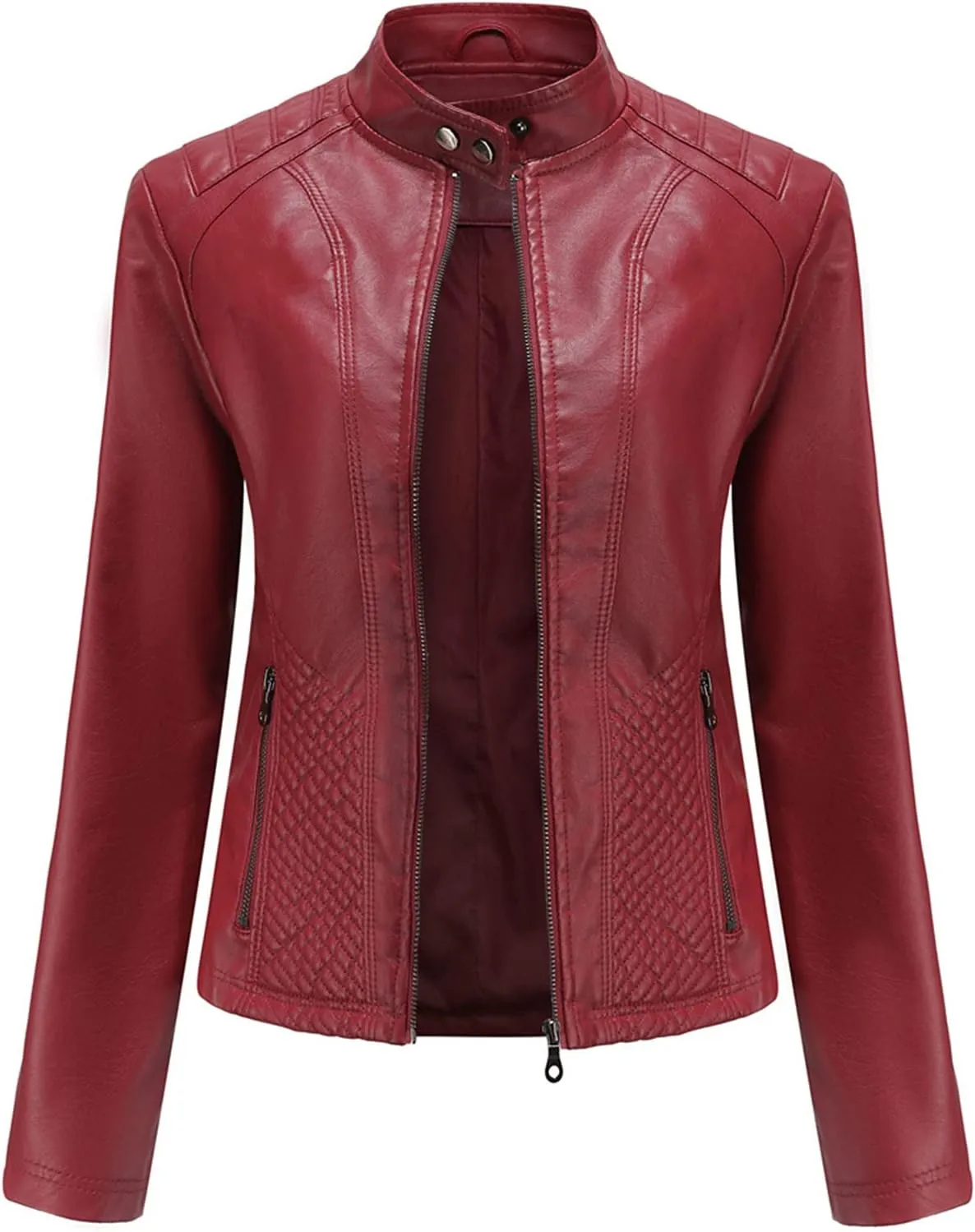 Hasta Faux Leather Jacket Crop Plus Size Women Slim Fit Motorcycle Bike Coat Stand Collar Zip Pocket Short Pleather Jacket