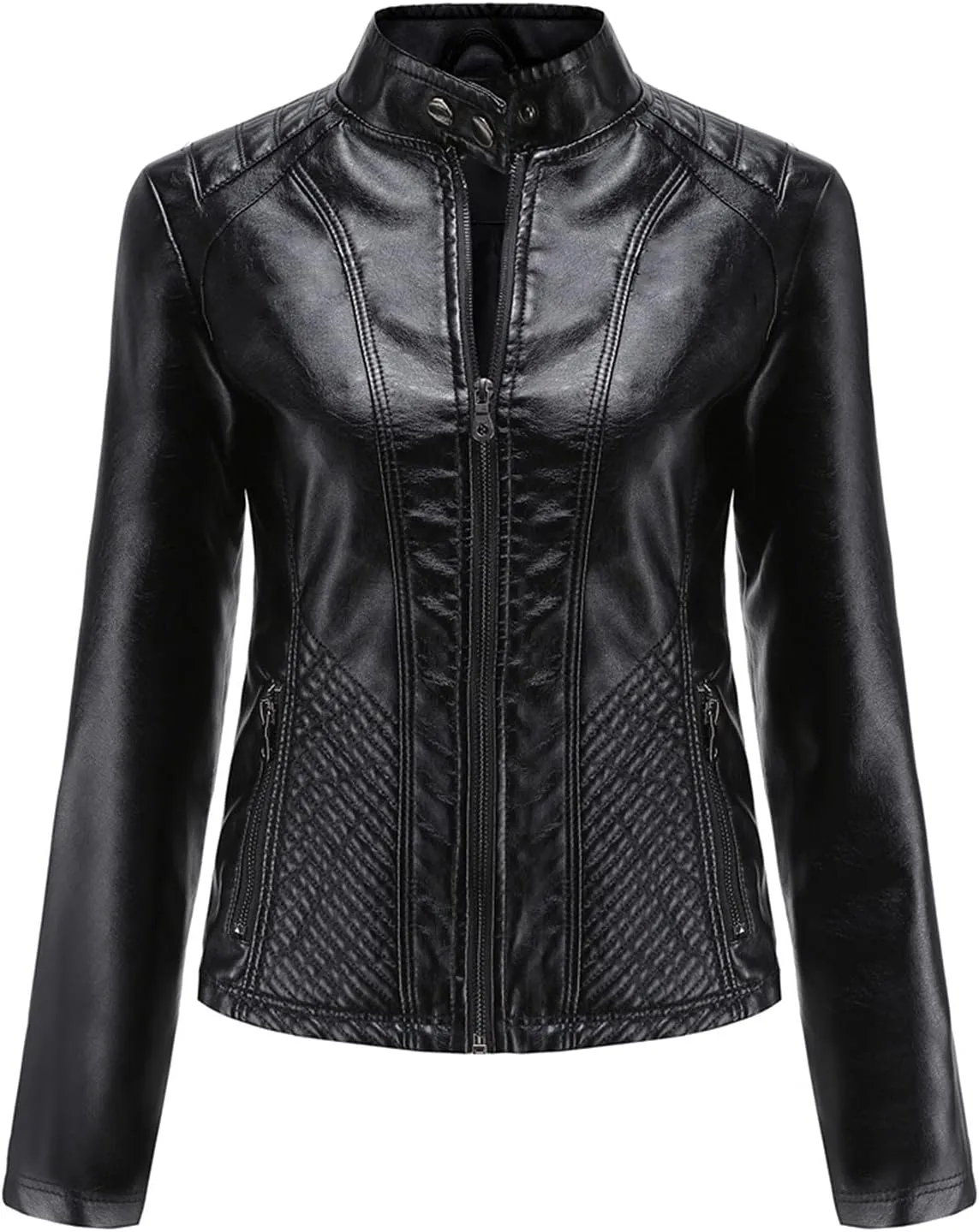 Hasta Faux Leather Jacket Crop Plus Size Women Slim Fit Motorcycle Bike Coat Stand Collar Zip Pocket Short Pleather Jacket