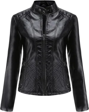 Hasta Faux Leather Jacket Crop Plus Size Women Slim Fit Motorcycle Bike Coat Stand Collar Zip Pocket Short Pleather Jacket