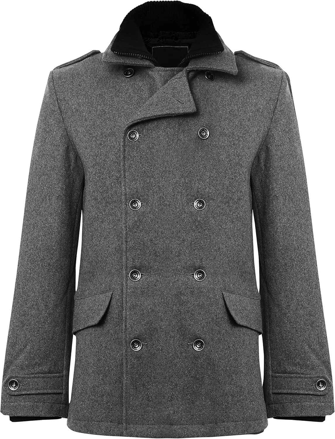 Hat and Beyond Mens Beau Wool Blend Jacket Classic Double Breasted Pea Coat Ribbed Knit Zipper Bib