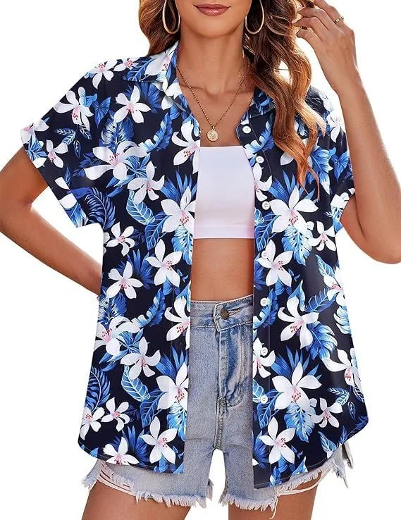 Hawaiian Shirts for Women Tropical Floral Tshirt Summer Beach Short Sleeve Blouses Tops(Blue,XL)