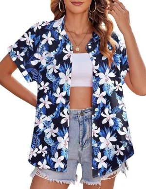 Hawaiian Shirts for Women Tropical Floral Tshirt Summer Beach Short Sleeve Blouses Tops(Blue,XL)