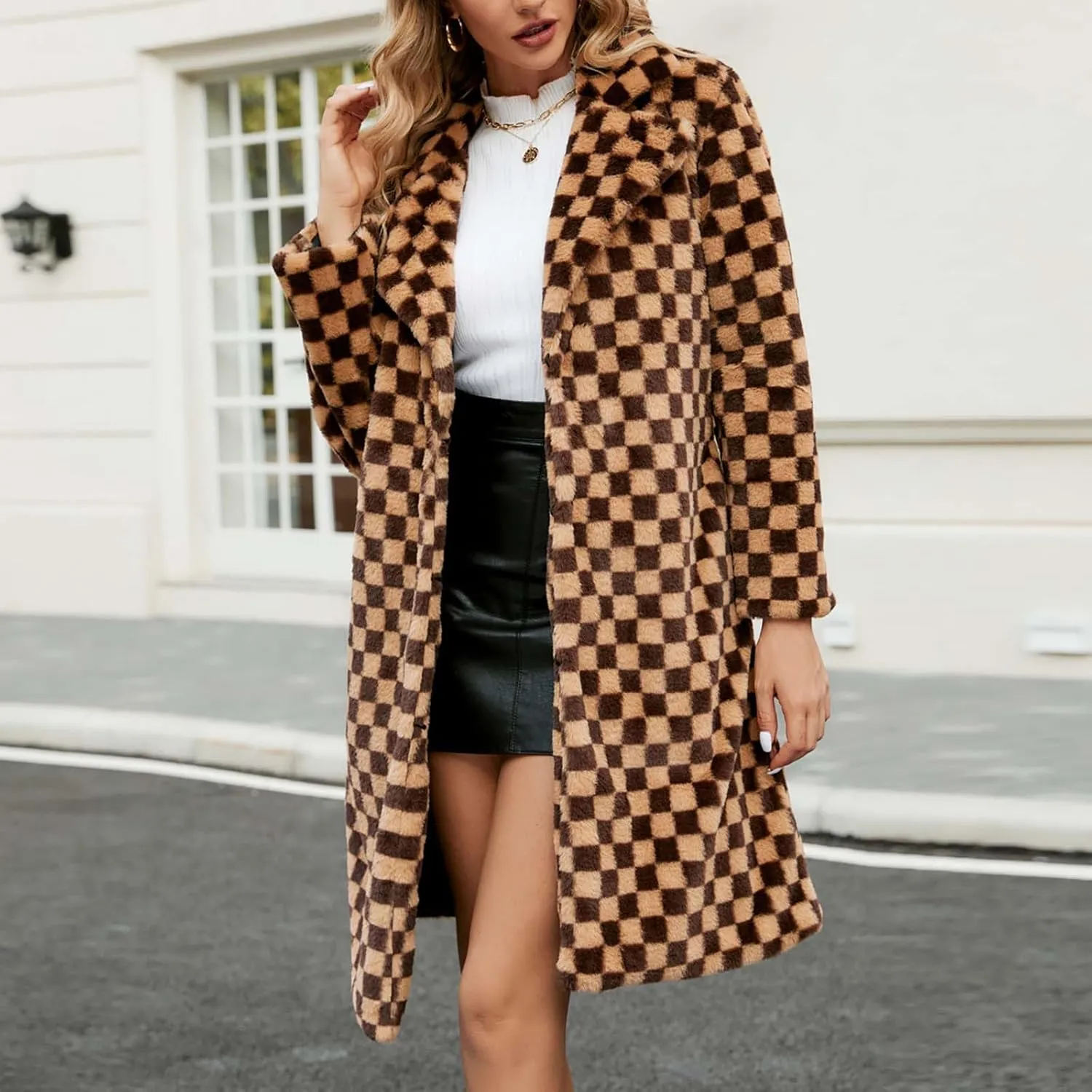 HGps8w Faux Fur Checkerboard Coats for Women Shaggy Warm Outerwear Mid-Long Winter Furry Overcoat Open Front Cardigan Jackets