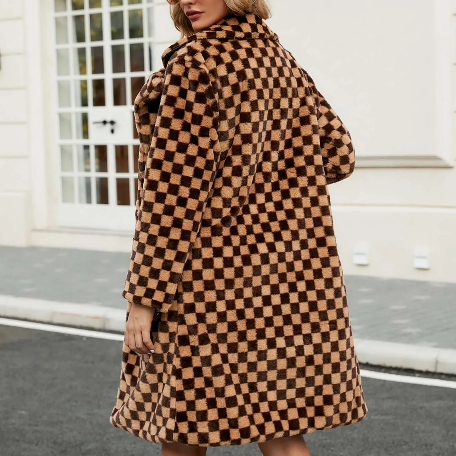 HGps8w Faux Fur Checkerboard Coats for Women Shaggy Warm Outerwear Mid-Long Winter Furry Overcoat Open Front Cardigan Jackets