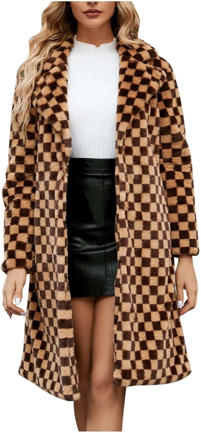 HGps8w Faux Fur Checkerboard Coats for Women Shaggy Warm Outerwear Mid-Long Winter Furry Overcoat Open Front Cardigan Jackets