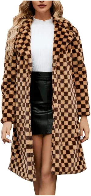 HGps8w Faux Fur Checkerboard Coats for Women Shaggy Warm Outerwear Mid-Long Winter Furry Overcoat Open Front Cardigan Jackets