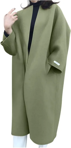 HGps8w Women's Collarless Wool Blend Trench Coat - Elegant Open Front Peacoat Cardigan Winter Jacket Overcoats with Pockets
