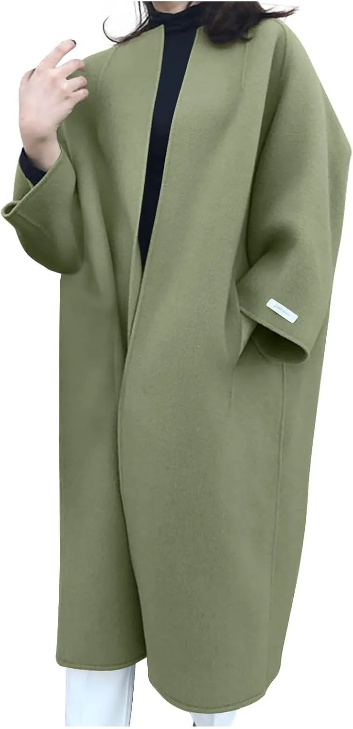 HGps8w Women's Collarless Wool Blend Trench Coat - Elegant Open Front Peacoat Cardigan Winter Jacket Overcoats with Pockets