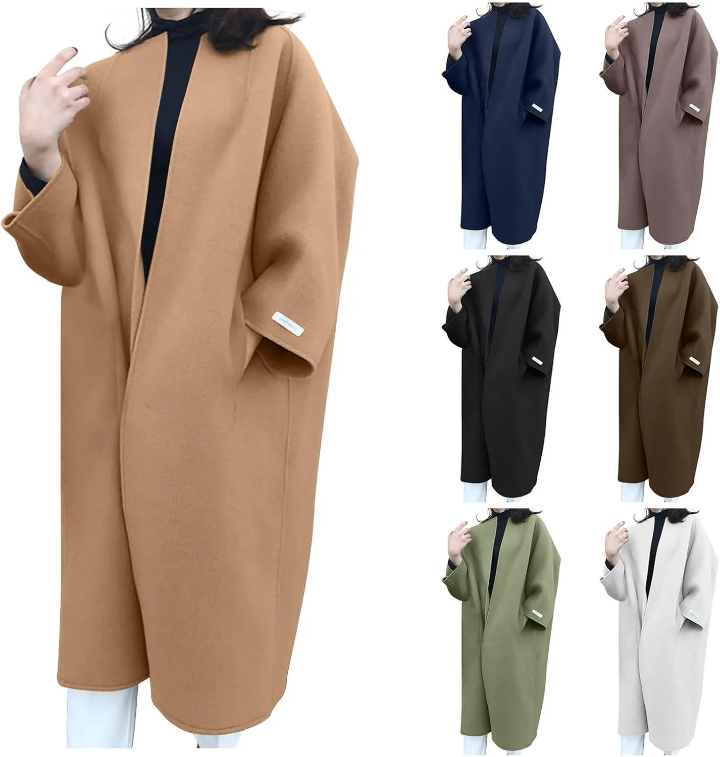 HGps8w Women's Collarless Wool Blend Trench Coat - Elegant Open Front Peacoat Cardigan Winter Jacket Overcoats with Pockets